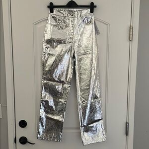 Silver Metallic High-Waisted Pants